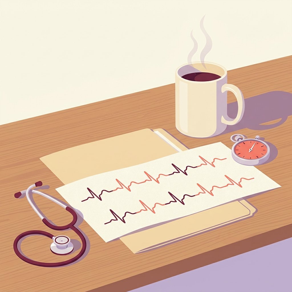 Editorial still-life of a stylized abstract ECG strip with subtle smooth curved peaks drawn on cream paper resting flat in the foreground, a small smooth silver stethoscope coiled neatly to the side, a small simple analog stopwatch resting beside the ECG strip representing the precise timing of the QT interval, a small unmarked closed manila chart folder beneath the strip, and a ceramic mug of warm tea with gentle steam on a quiet wooden desk in soft natural side light — header illustration for a 2026 PMHNP clinical-practice protocol on QTc monitoring for psychotropic medications.