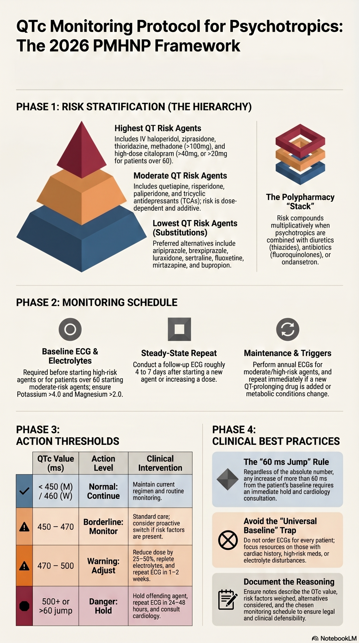 Portrait infographic generated for PMHNPs covering the 2026 QTc monitoring framework — the three action thresholds (normal under 450/460 ms, borderline 450–500 ms, danger above 500 ms or a 60 ms jump from baseline), the psychotropic risk hierarchy (high-risk: IV haloperidol, ziprasidone, thioridazine, high-dose citalopram, methadone; moderate: quetiapine, risperidone, TCAs; low: aripiprazole, brexpiprazole, lurasidone, sertraline, fluoxetine, mirtazapine, bupropion), the monitoring schedule (baseline, steady-state repeat, annual, repeat on any new QT-prolonging drug), and the four action levels (continue, dose-adjust + repeat, switch, hold + cardiology).