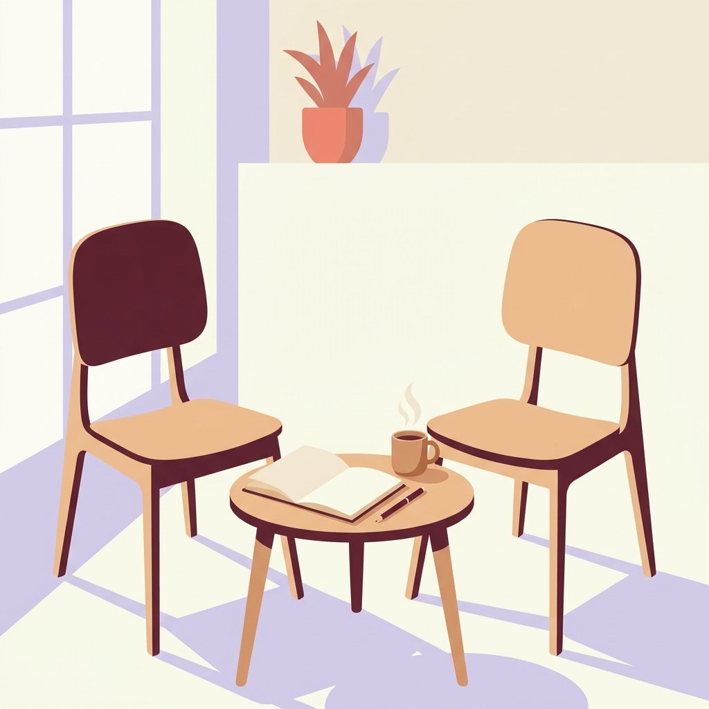 Two empty wooden chairs facing each other across a small low side table with an open notebook, a fountain pen lying across the pages, and a ceramic mug of tea with quiet wisps of steam — editorial still-life of a calm outpatient psychiatry conversation about suicide risk.
