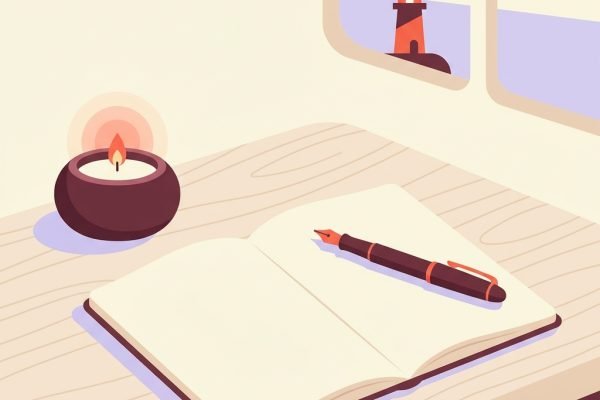Editorial still-life of an open softcover notebook with a fountain pen resting across the pages, a small lit candle in a low ceramic holder, and a stylized lighthouse silhouette small in the background — header illustration for a 2026 confidence playbook on suicide risk assessment for new psychiatric nurse practitioners.