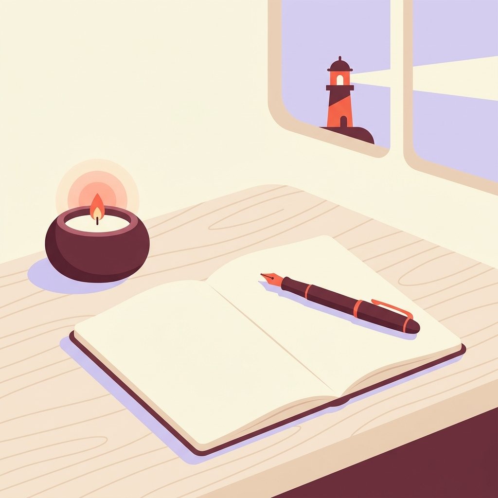 Editorial still-life of an open softcover notebook with a fountain pen resting across the pages, a small lit candle in a low ceramic holder, and a stylized lighthouse silhouette small in the background — header illustration for a 2026 confidence playbook on suicide risk assessment for new psychiatric nurse practitioners.