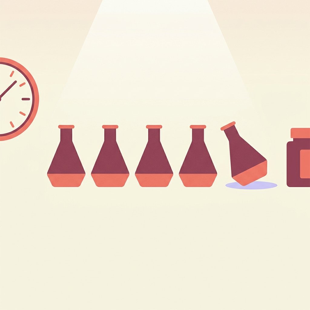 Five identical small abstract ceramic vessels lined up in a horizontal row across a clean surface with one of the five tipped off its base at an angle, beside a quiet round clock face partially in frame and a single upright pill bottle in profile — editorial still-life of the roughly 1-in-5 prevalence of tardive dyskinesia in patients on long-term antipsychotic therapy.