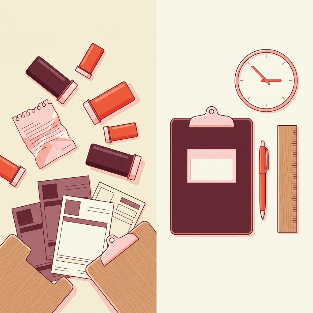 Editorial still-life contrasting two approaches to tardive dyskinesia screening, with a chaotic scattered pile of loose blank clinical forms, a crumpled torn page, and tipped pill bottles on the left, and one neat upright clipboard with a single blank form, an upright pen, a clean rectangular ruler, and a tidy circular wall clock face on the right — disorganized antipsychotic monitoring versus a disciplined AIMS workflow.