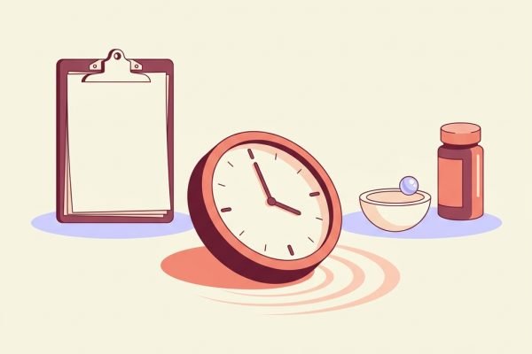 Editorial still-life of a quiet round wall clock tilted on its side with a soft circular ripple, a clinical clipboard, a small empty specimen dish, and an upright pill bottle in profile — header illustration for a 2026 PMHNP guide to tardive dyskinesia screening with the AIMS exam and VMAT2 inhibitor treatment.
