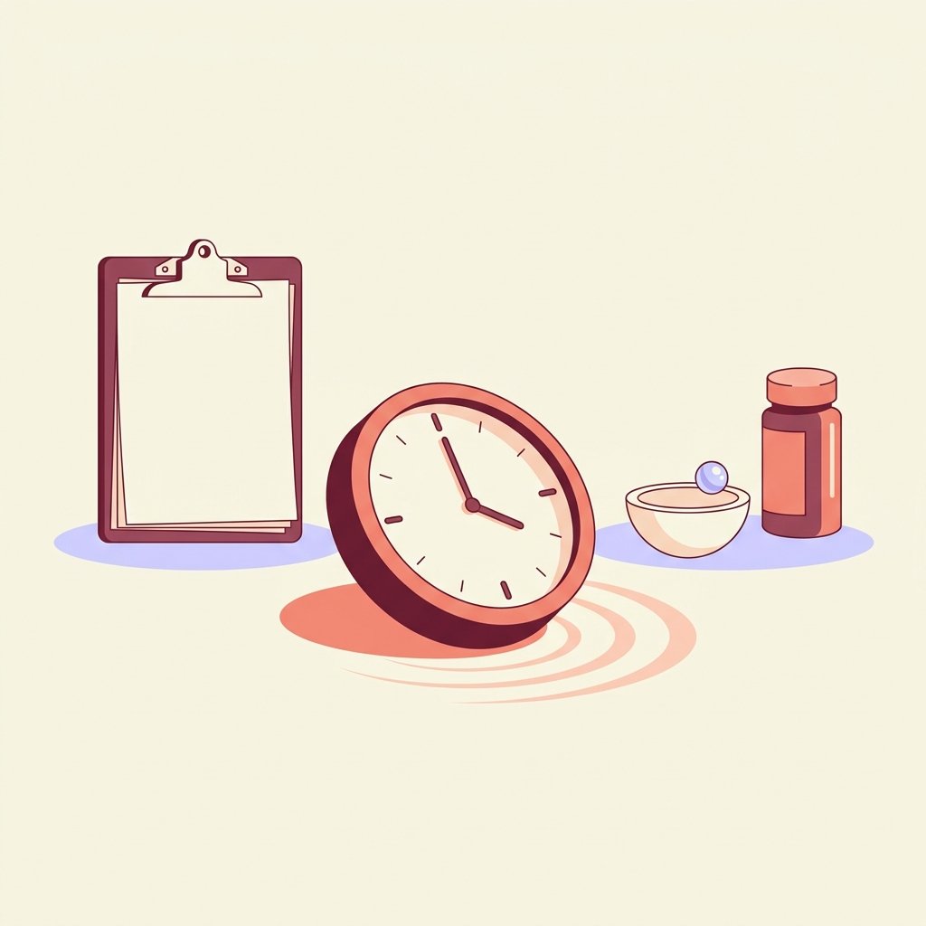 Editorial still-life of a quiet round wall clock tilted on its side with a soft circular ripple, a clinical clipboard, a small empty specimen dish, and an upright pill bottle in profile — header illustration for a 2026 PMHNP guide to tardive dyskinesia screening with the AIMS exam and VMAT2 inhibitor treatment.